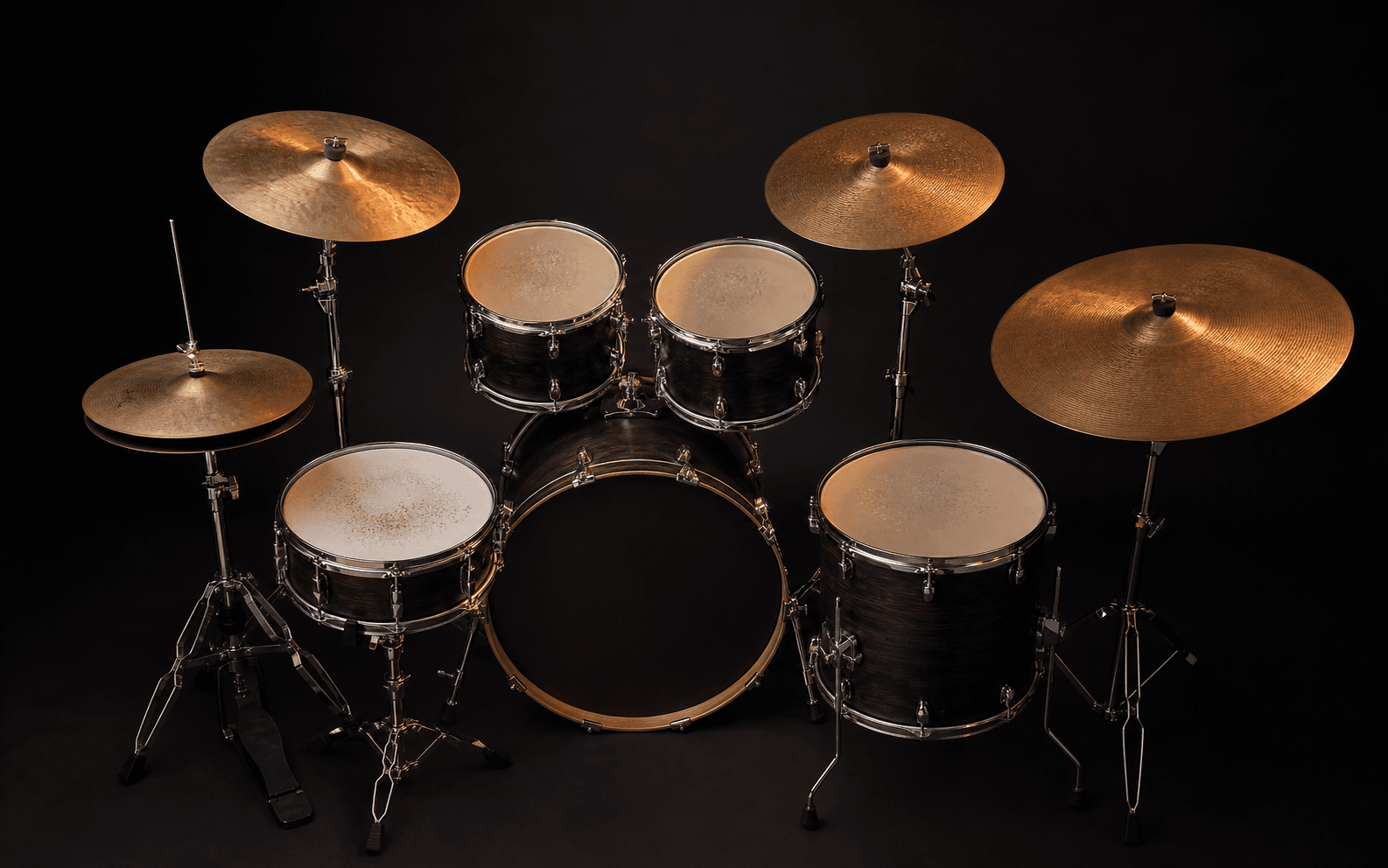 A realistic acoustic drum kit viewed from above